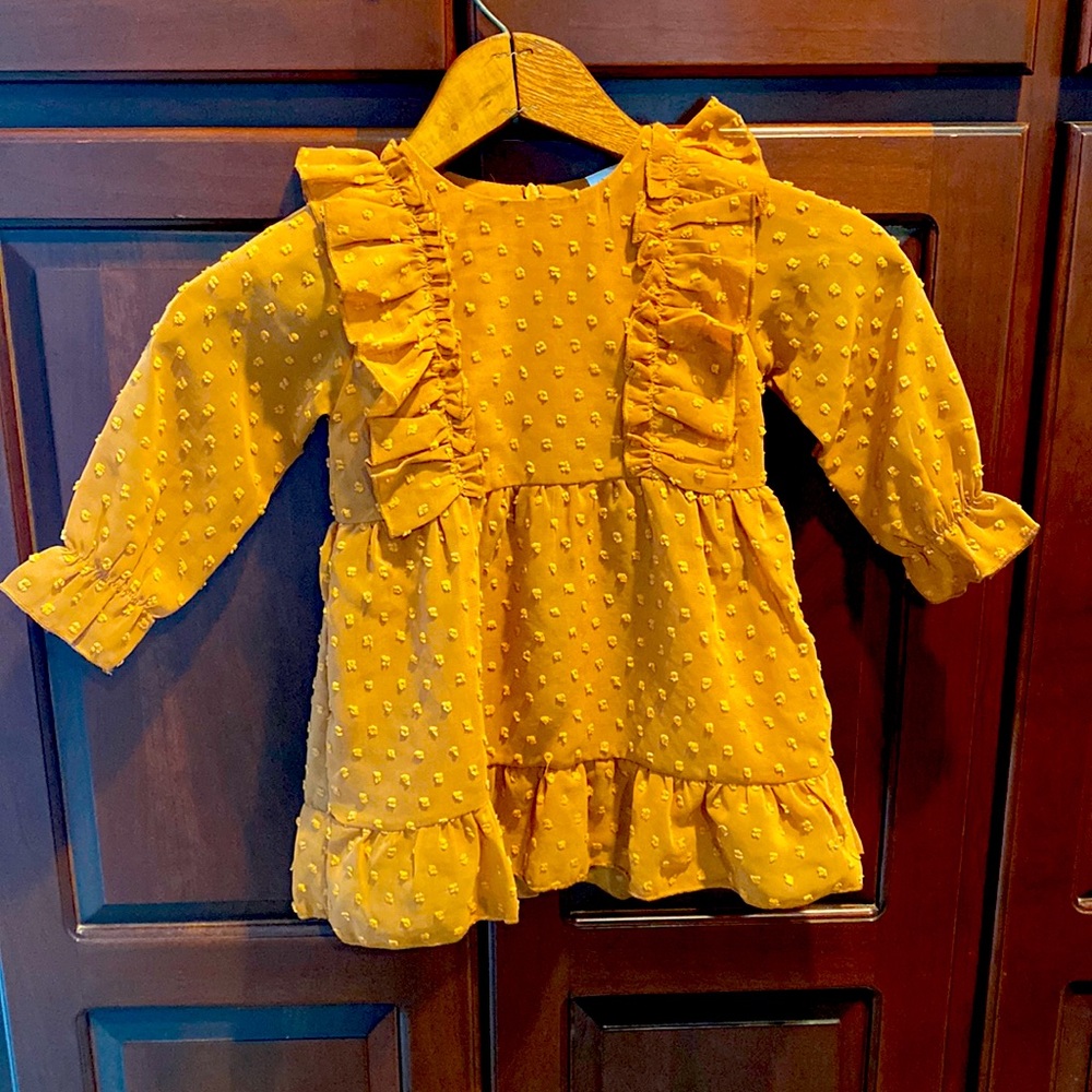 Baby girl khaki Swiss dot chiffon ruffle long sleeve dress